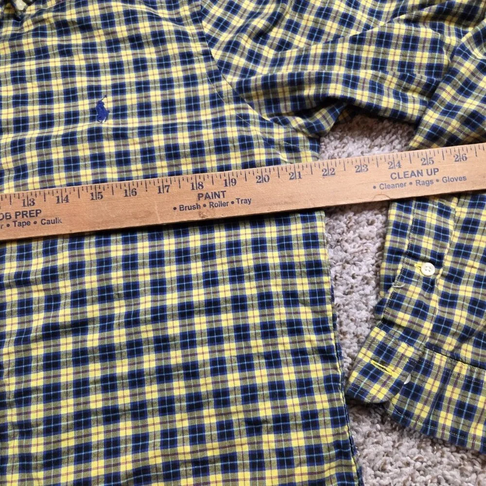 Polo Ralph Lauren Shirt Mens Medium Yelloe Blue Check Button Down Long Sleeve
